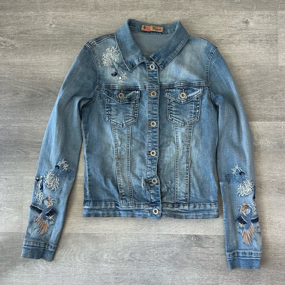 Embroidered denim jacket with floral and bird details and gems by Onado - Picture 2 of 9